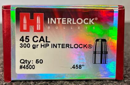 Unopened Box Of Hornady 45 Cal 300 Gr. HP Interlock
