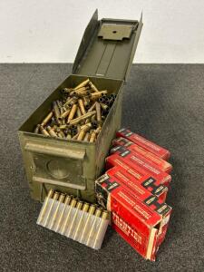 Metal Ammo Box With Mixed Brass Casings and Vintage Hornady Frontier Brass