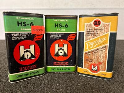 (2) Cans Of Hodgdon HS-6 Shotgun Powder and (1) Can Of RS Pyrodex The Replica Black Powder (Rifle and Shotgun)