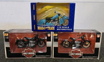 (2) Harley Davidson Collectible Die Casts, (1) Road Tracks Indian Die Cast