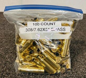(100) Count .308/7.62x 51 Brass Casings