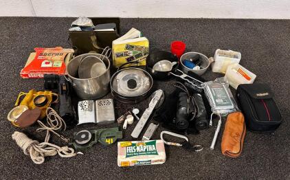 Camping and Outdoor Survival Essentials Including: Compass, First aid Kits, Pots and Pans,