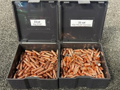 (2) Boxes Of 22 Cal Bullets 64 Gr. BTSP and 62 Gr. FMJ-BT (Hornady)
