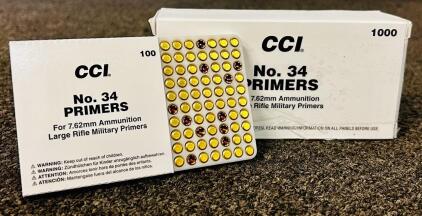 (1000) CCI No. 34 Primers For 7.62mm Ammo (Large Rifle Military Primers)