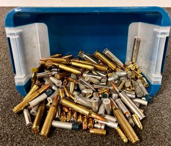 Container With Mixed Ammo: 7mm REM, 40/10 mm, .45 Cal (300 Grain), 32 Auto, 38 Special, And 8x57 JS (Unkown Quantity)