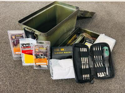 Ammo Box With Gun Cleaning Components: Laser Bore Sighter, Pistol Cleaners, Cleaning Cloths, Weaver Tool Set and More