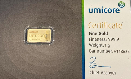 Umicore 1 Gram 999.9 Fine Gold Bar