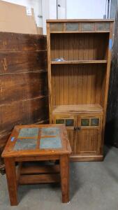(1) Wooden Book Cabinet W/ Tile Accents -30"L x12"W x74"H (1) Wooden Side Table W/ Tile Accents -26"L x26"W x25"H