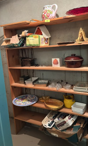 ( OFFSITE) Shelf Full of Antiques Including Tea Pot, Terra Cotta Carlic Roaster, Picture Frames & Much More