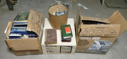 ( OFFSITE) (2) Boxes Full of Antique/Vintage Collectable Books, (1) Box of Assorted Art Supplies, & (1) Bucket Full of Assorted Antique Kids Toys