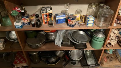 ( OFFSITE) Shelf of Antiques Including Stamps, Knives, & Dome Caps