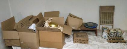( OFFSITE) Whole Table Full of Antique/Vintage Glassware, (1) Box of Orchard Crystal Cups, (1) Vintage Washboard, & More