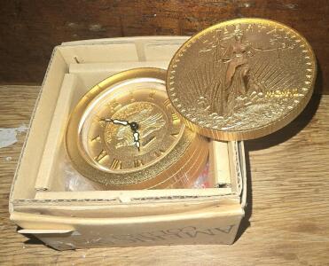 ( OFFSITE) Vintage Bulova Walking Liberty Gold Coin Desk Alarm Clock.