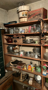 ( OFFSITE) Shelf Full of Antiques Including Peter Cartridge Box, Tooth Powder, & Flashlights