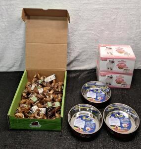 (1) 25-Count Box Of Red Barn Bully Spring Chews, (3) Medium Bella Food Bowls & (2) 18-Can Packs Of Royal Canin Kitten Food