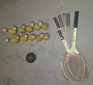 ( OFFSITE) Vintage tabletop bowling or skittles game,(5) vintage wooden tennis rackets.