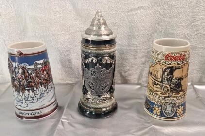 (1) 10" German Beer Stein W/ Lid , (1) 8" - 1989 Budweiser Collectible Beer Stein & (1) 8" - 1989 Coors Collectible Beer Stein
