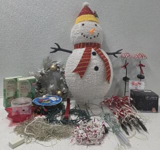 (1) Light Up Snowman Lawn Ornament (1) LED Snowflake Projector (1) String Candy Cane Ground Lights (2) Solar Peppermint Yard Lights (1) LED 200 Multicolor Lights (2) 100ct All-Purpose Light Holders and More
