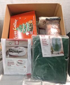 (1) Wreath Storage Bag, (1) Tree Storage Bag & (1) Box Of Assorted Christmas Decor