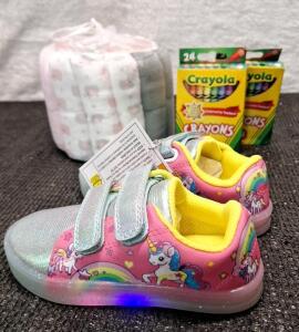 (1) Pair Of YESKIS Toddler Girls Light Up Shoes Glitter LED Flashing Breathable Lightweight Walking Running Sneakers for Toddler and Little Kids, Size 8, (1) 24-Count Pack Of Baby Washcloths & (2) 24-Count Packs Of Crayola Crayons <br/>