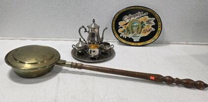 (1) Antique Brass Bed Warmer with decorative handle and lid 12" X 43.5" (1) 6 pcs Silver-plated Tea service, 1 piece is stamped, please see photos (1) Olympia Beer Metal Tray