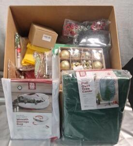 (1) Wreath Storage Bag, (1) Tree Storage Bag & (1) Box Of Assorted Christmas Decor