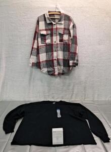 (1) Pair Of Wireless Earbuds, (1) Gildan Adult Long Sleeve Shirt, 2XL, Black & (1) Button Down Flanel Shirt, Dark Grey Plad, L