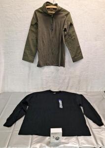 (1) Pair Of Wireless Open Wear Earphones, (1) Gildan Adult Long Sleeve Shirt, 2XL, Black & (1) Tactical / Combat Long Sleeve Shirt, XL, Olive