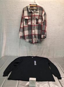 (1) Pair Of Wireless Earbuds, (1) Gildan Adult Long Sleeve Shirt, 2XL, Black & (1) Button Down Flanel Shirt, Dark Grey Plad, L