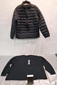 (1) Acitivity Tracker, (1) Gildan Adult Long Sleeve Shirt, 2XL, Black & (1) Amazon Essentials Puffer Jacket, Black, L