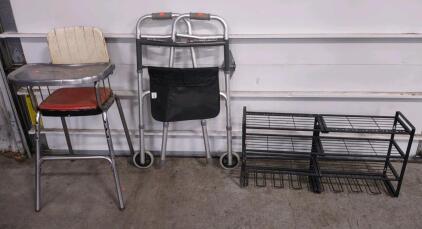 (1) 17"x 16"x 34" Antique Childs High Chair, (1) Nova Brand Walker, & (1) 32&frac12;"x 7&frac12;"x 17" Power Tool Organizer Rack