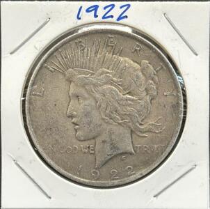 1922 Peace Silver Dollar Coin, US Mint, No Mint Mark