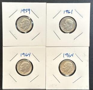 US Roosevelt Dime Set: 1959, 1961, 1964, 90% Silver