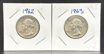1962 and 1963 US Washington Quarters, Silver Coins, No Mint Mark