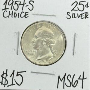 (1) 1954-S MS64 Choice Silver Washington Quarter