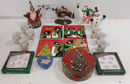 (4) 9"x9" Square Christmas Penguin Plates (7) Green And Orange Coffee Cups (1) Heartwood Creek Santa Decor & More