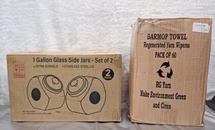 (1) 2-Pack Of 1-Gallon Glass Side Jars W/ Lids & (1) 60-Count Box Of Terrycloth Bar Towels
