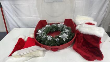 Artificial Wreath In Container , 3 Santa Hats , 8 Stockings