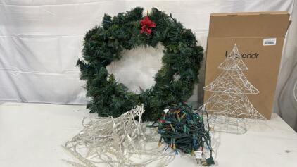 Lighted Metal Tree , Multi Colored Lights , Blue Icicles, Artificial Wreath