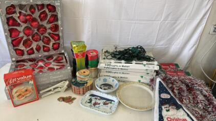 Assorted Christmas Decorations & Related Items- (3) Boxes Of Traditional Glass Ornaments, Rolls Of Ribbon , (5) Boxes Of White Lights In Motion,(2) Packs Of Tinsel Garland & More