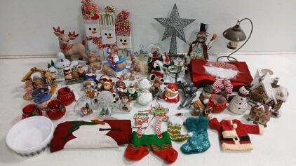 (20+) Assorted Christmas Decor Figurines (8) Christmas Ornaments (2) Table Runners (34"L, 70"L) & More