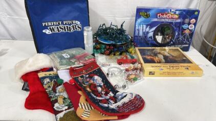 Assorted Items - Stockings , 1k Piece Horse Puzzle, Christmas Lights , 18x18 Christmas Pillow Covers & More