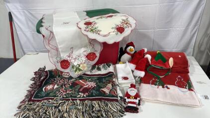 Assorted Christmas Decorations- Table Runner, Place Mates , Napkins, Blankets & more