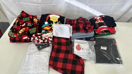 {{NEW}} Large Assortment Of Christmas Clothing Various Sizes, (12) Plaid Stockings, (1) Inflatable PVC Ornament W/LEDS , (1) Mens Hawaiian White Shirt