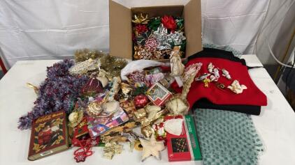 Assorted Christmas Decorations, Fabric, Gift Bags & Bows