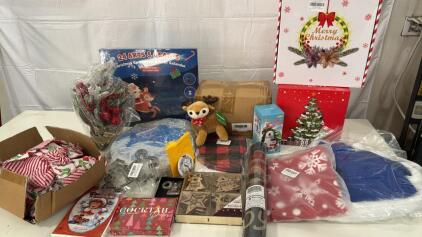 Assorted Christmas Items- Stockings , Tree Skirt , Elf Costume, Wooden Ornaments, Welcome Mat , Christmas Paper Plates Napkins & Cups ,12&rdquo; LED Wreath & More