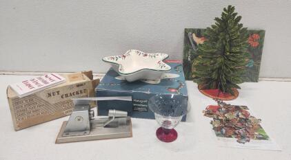 (1) Pfaltzgraff Winterberry Star Shaped Serve Bowl (1) Vintage 1968 Madco Nut Cracker (1) Pop-Up Paper Christmas Tree (1) Pfaltzgraff Winterberry Glass Pedestal Dessert Bowl