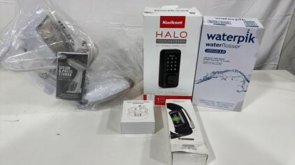 (1) ConAir Steamer (1) KwikSet Halo Touch Screen Deadbolt (1) Waterpik Water Flosser (1) Beniduck Bluetooth Ear Buds (1) Whoop Heart Screener
