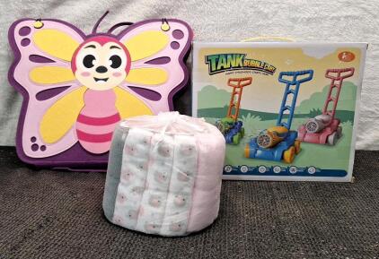(1) Felt Butterfly Motor Skills Book, (1) Tank Bubble Cart & (1) 24-Count Pack Of Baby Washcloths