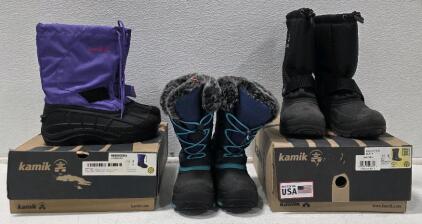 (1) Kamik Rocket Winter Boots Black, Size 5 (1) Kamik Youth Size 4 Purple Reddeer4 Rubber Rain Snow Boots (1) Kamik Snowgypsy Snow Boots, Youth Size 2, Blue Lightly Used